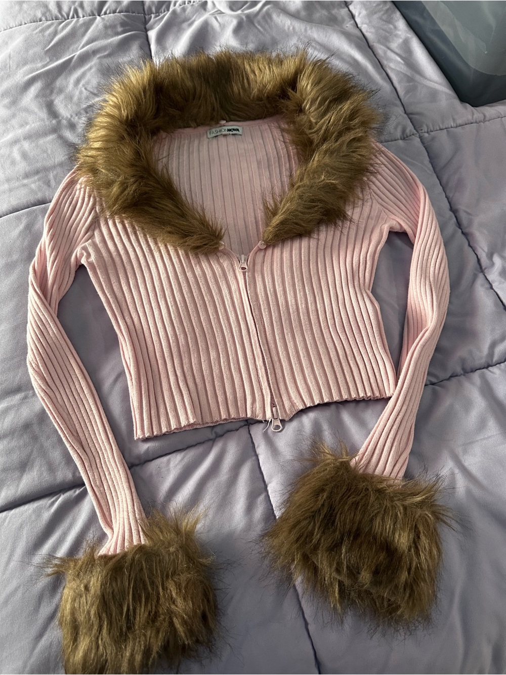 Fashion Nova Pink Ribbed Zip-Front Cardigan with Brown Faux Fur Trim